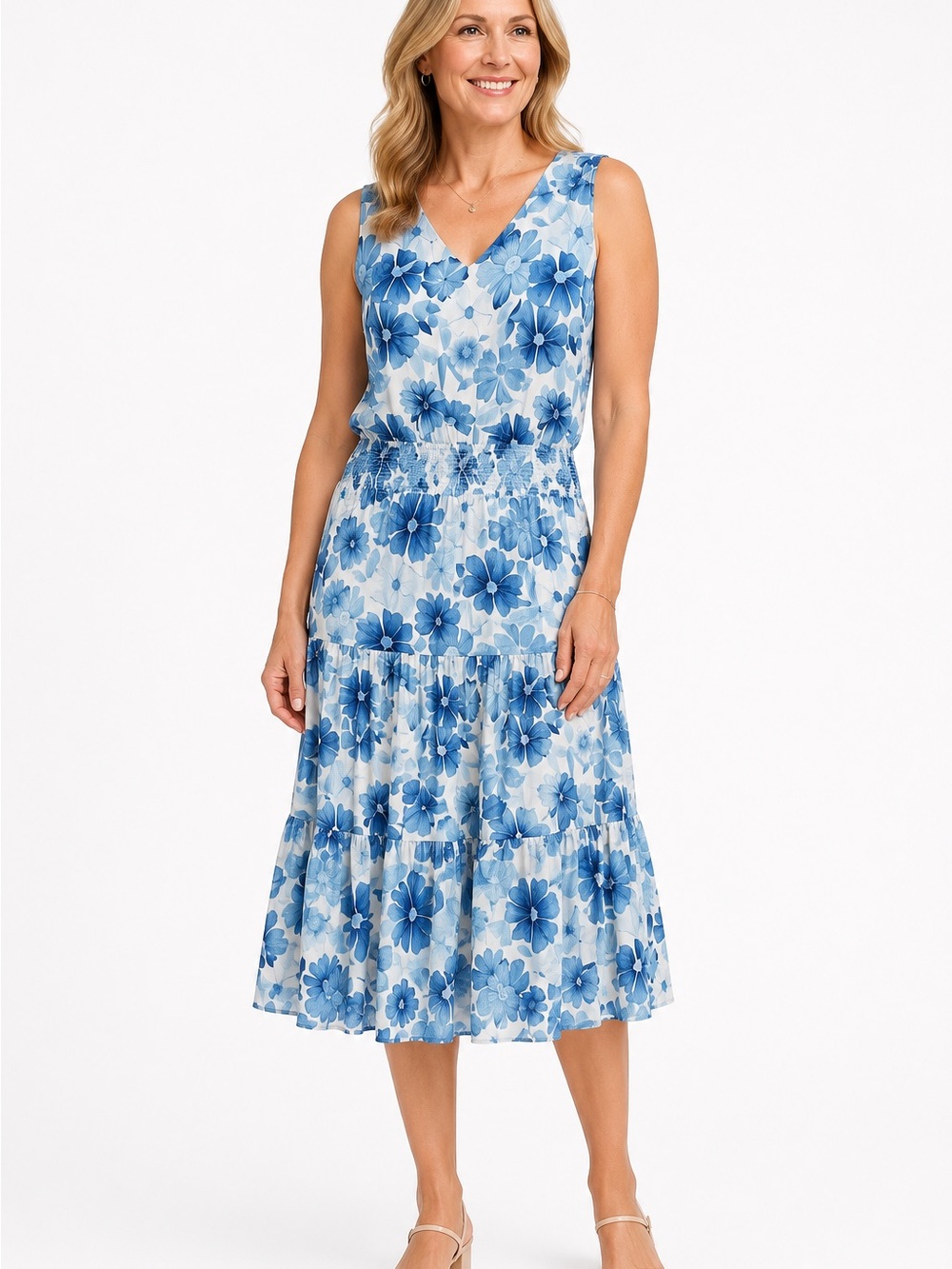 CHARLIE B Blue Floral Sleeveless Midi Dress
